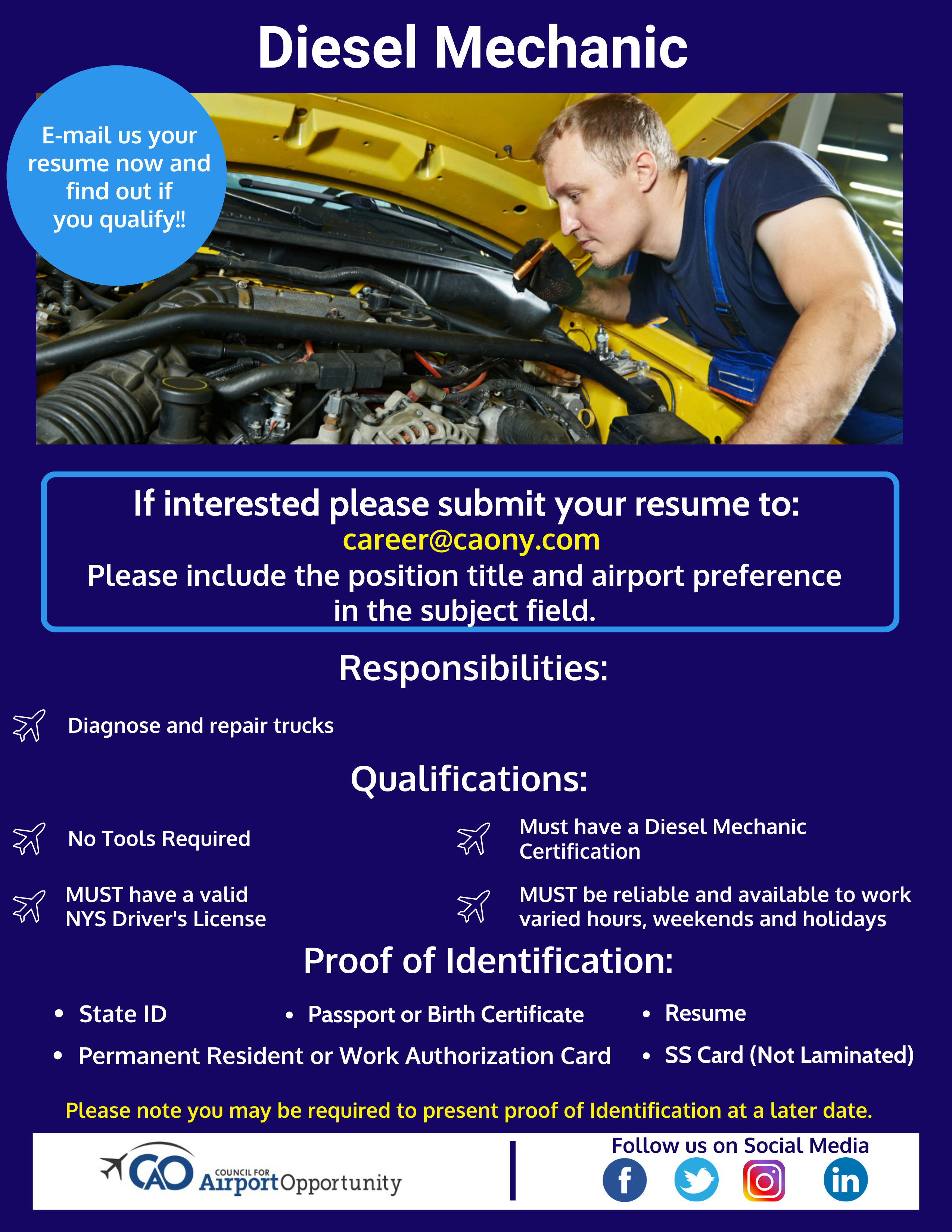 Diesel Mechanic Recruitment Event On Friday April 16 21 Nycc Council For Airport Security